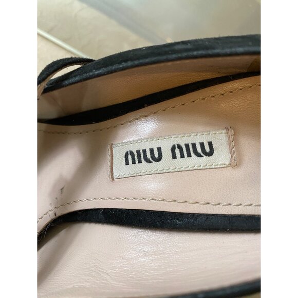 Miu Miu Shoe Pump Black Suede Rhinestone Embellished Strap Kitten Heel Size 38 - Picture 7 of 8